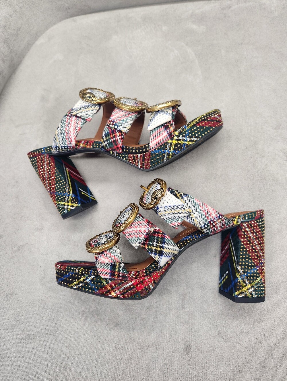 Kurt Geiger Heeled Mules 10 Plaid Mayfair Buckle Chunky Platform Sandal New $245